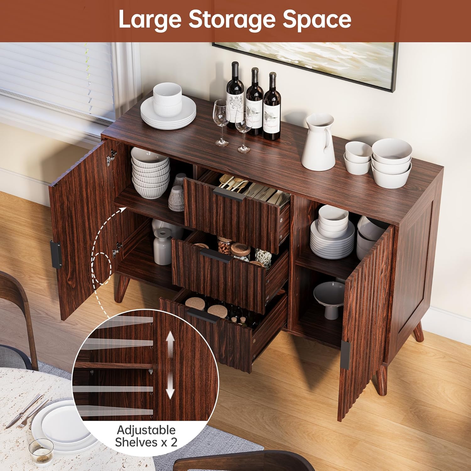 47" Walnut Sideboard Buffet Cabinet with 3 Drawers, Fluted Modern Buffet Cabinet with Storage, 2 Doors Sideboard Cabinets Accent Credenza for Dining Room|Living Room|Entryway