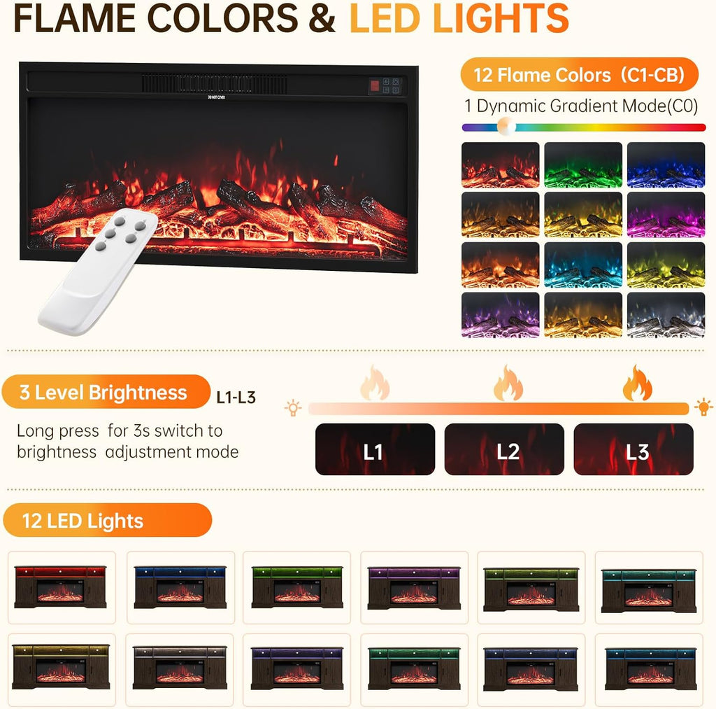 70 inch Fireplace TV Stand for Living Room, Electric Fireplace TV Stand with 12 Colors of 3D Flame & Heating, Entertainment Center with Storage Cabinet (Brown, Wavecrest)