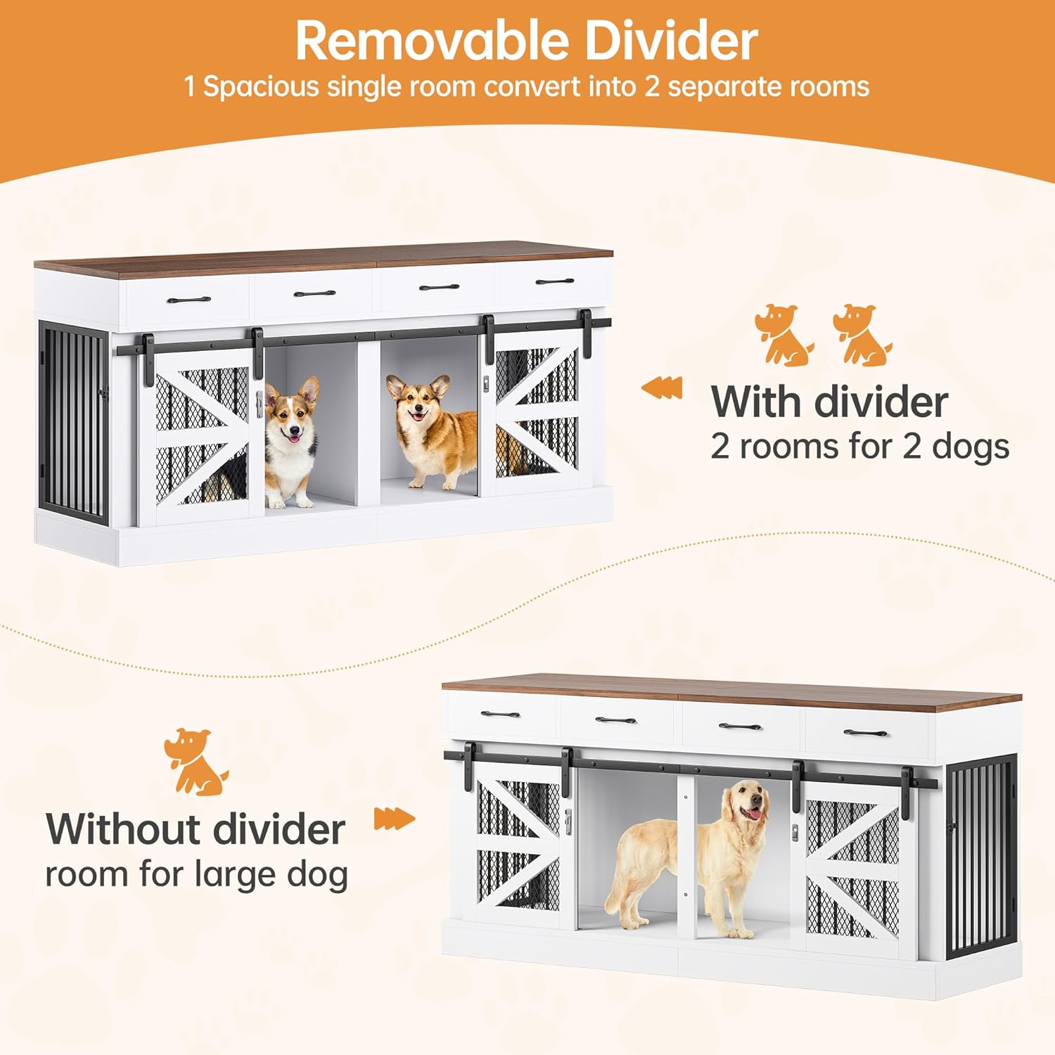 Extra Large Dog Crate Furniture for 2 Dogs, 71'' Dog Kennel Indoor with Removable Divider and 4 Storage Drawers, Sturdy Wooden Dog Crate TV Stand with 4 Doors for Large Medium Small Dogs