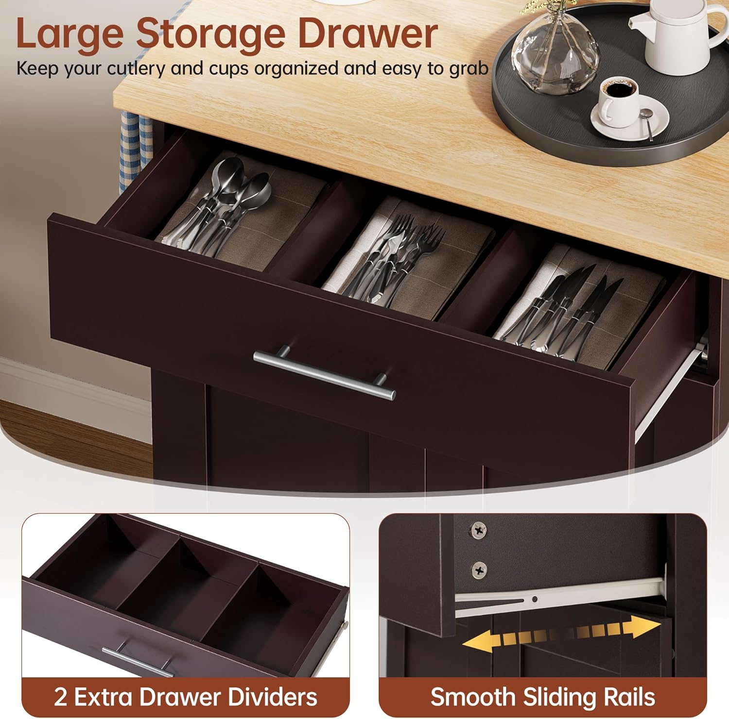 Kitchen Island Cart with Storage, Small Kitchen Island on Wheels with Large Drawer, Adjustable Shelf & Towel Rack, Rolling Island Table for Kitchen & Dining Room, Dark Coffee