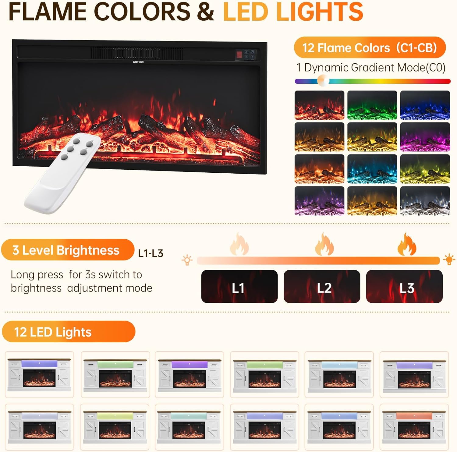 70 inch Fireplace TV Stand for Living Room, Electric Fireplace TV Stand with 12 Colors of 3D Flame & Heating, Entertainment Center with Storage Cabinet (White, Farmhouse)