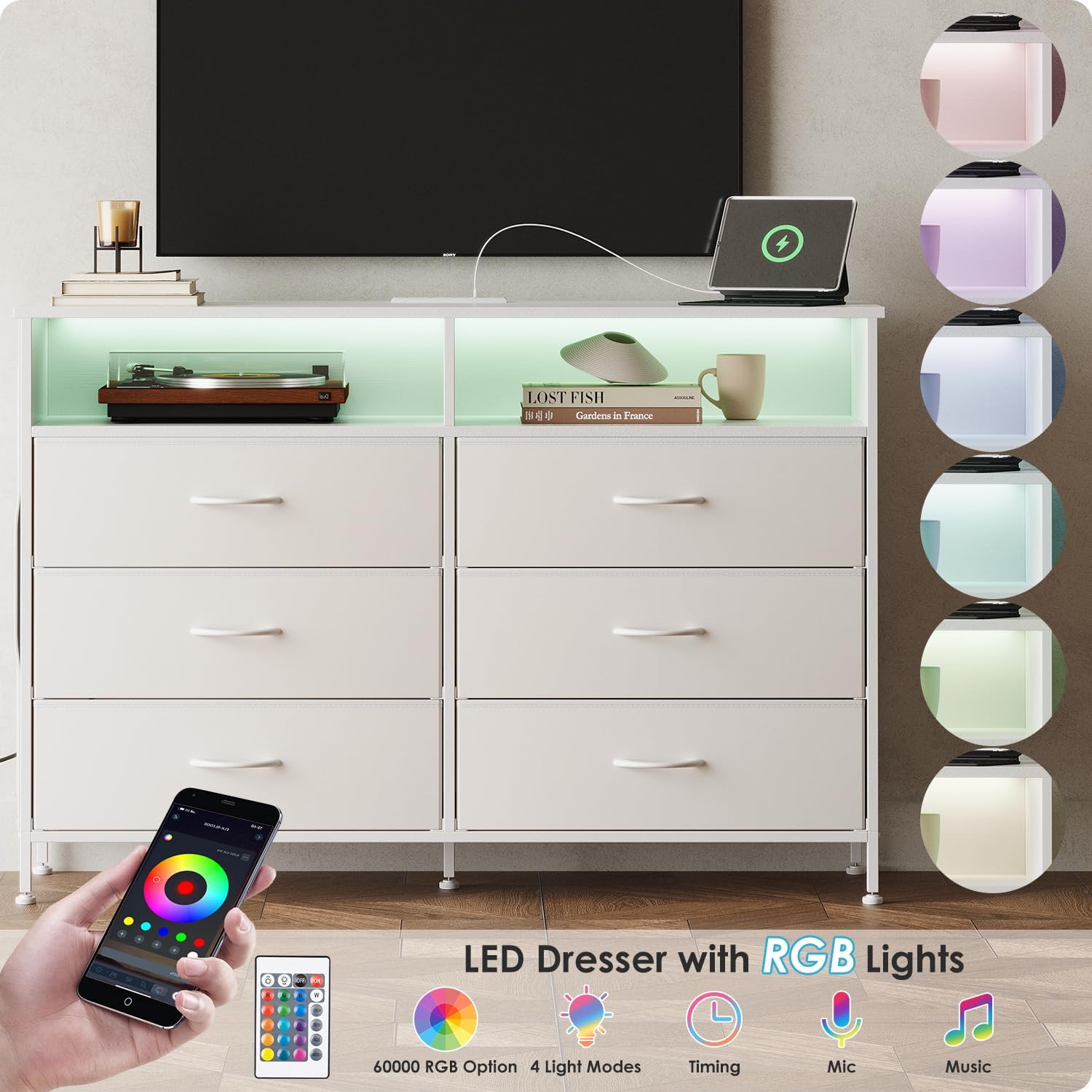 6 Drawer Dresser for Bedroom with LED Lights and Charging Station, Modern Wood Dressers with Extra Side Bag, Double Wide Drawer Cabinet TV Stand for up to 60" TV for Living Room (White)
