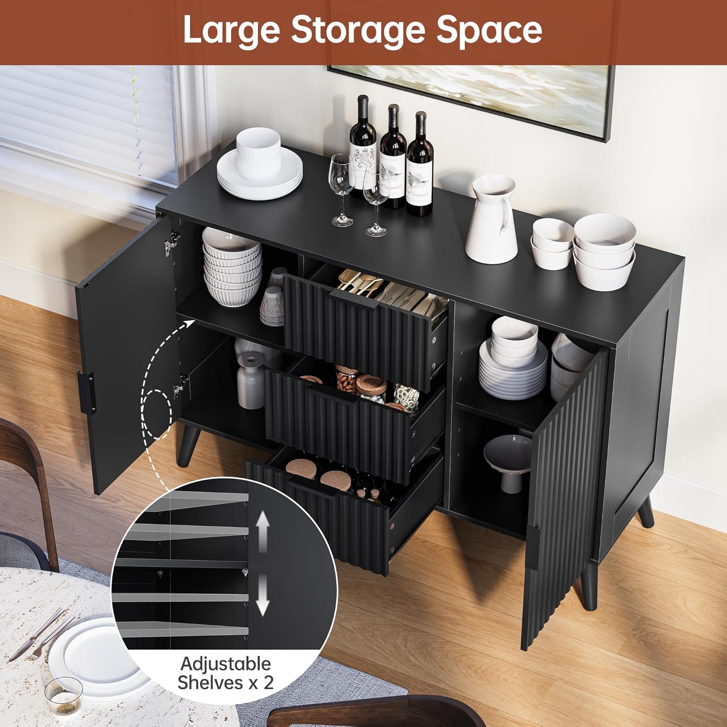 47" Black Sideboard Buffet Cabinet with 3 Drawers, Fluted Modern Buffet Cabinet with Storage, 2 Doors Sideboard Cabinets Accent Credenza for Dining Room|Living Room|Entryway