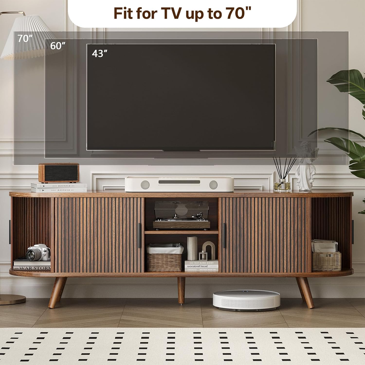62" Fluted TV Stand, Mid Century Modern TV Stand for TVs up to 70", Entertainment Center with Storage, Sliding Doors, Adjustable Shelf, Wood Media Console for Living Room, Bedroom, Walnut