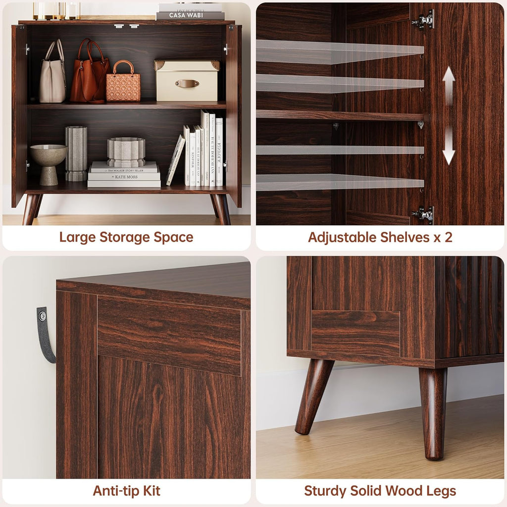 Fluted Sideboard Buffet Cabinet with Storage, Modern Sideboard Cabinet for Dining Room, Accent Credenza with Adjustable Shelves 2 Doors Storage Cabinets for Living Room|Kitchen, Walnut