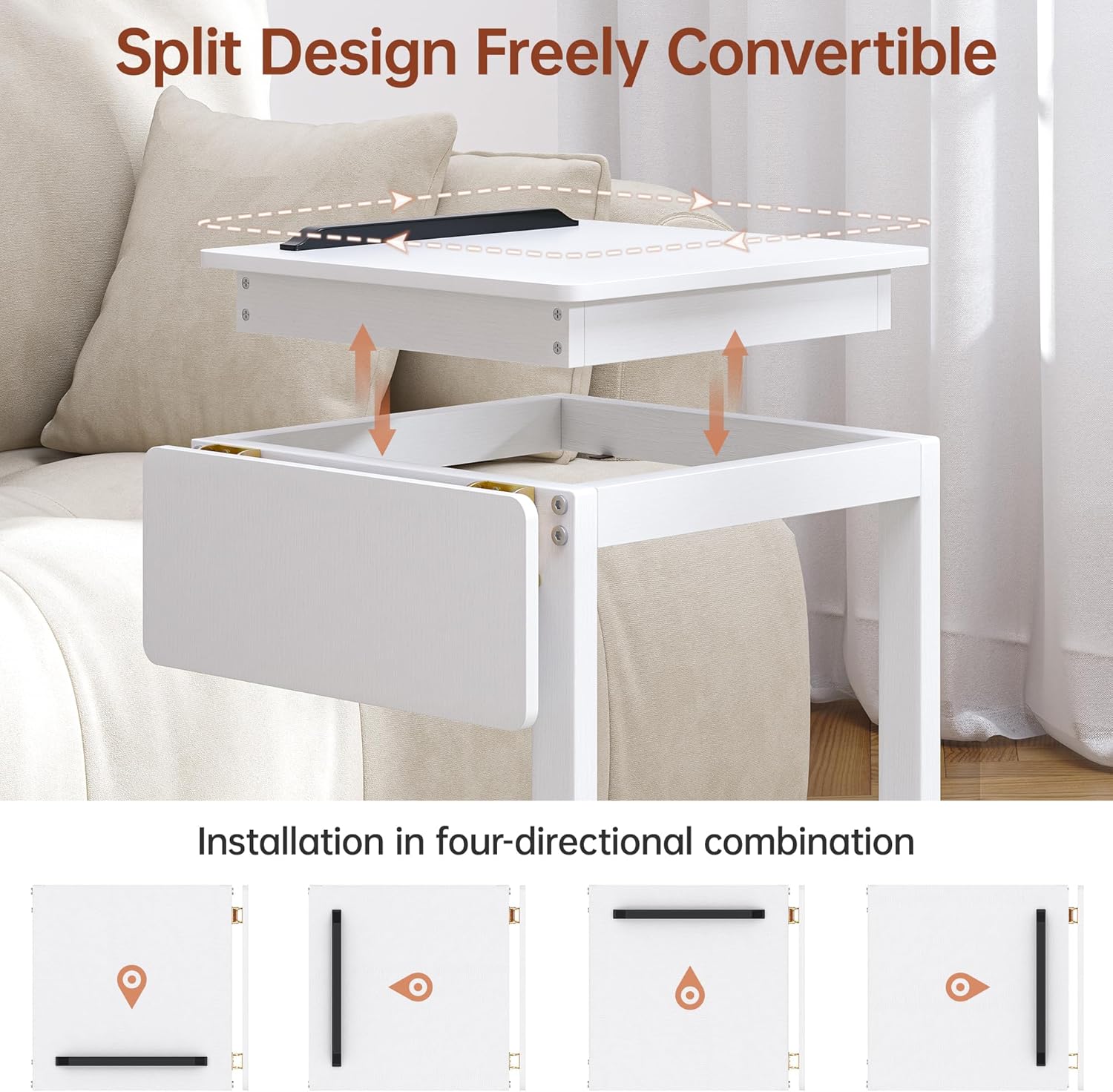 C Shaped End Table, Rolling Side Table with 4-Way Convertible Desktop, Wooden C Table with Multi-Functional Folding Tray & Small Chair, Side Table for Couch, Living Room, Bedroom, White