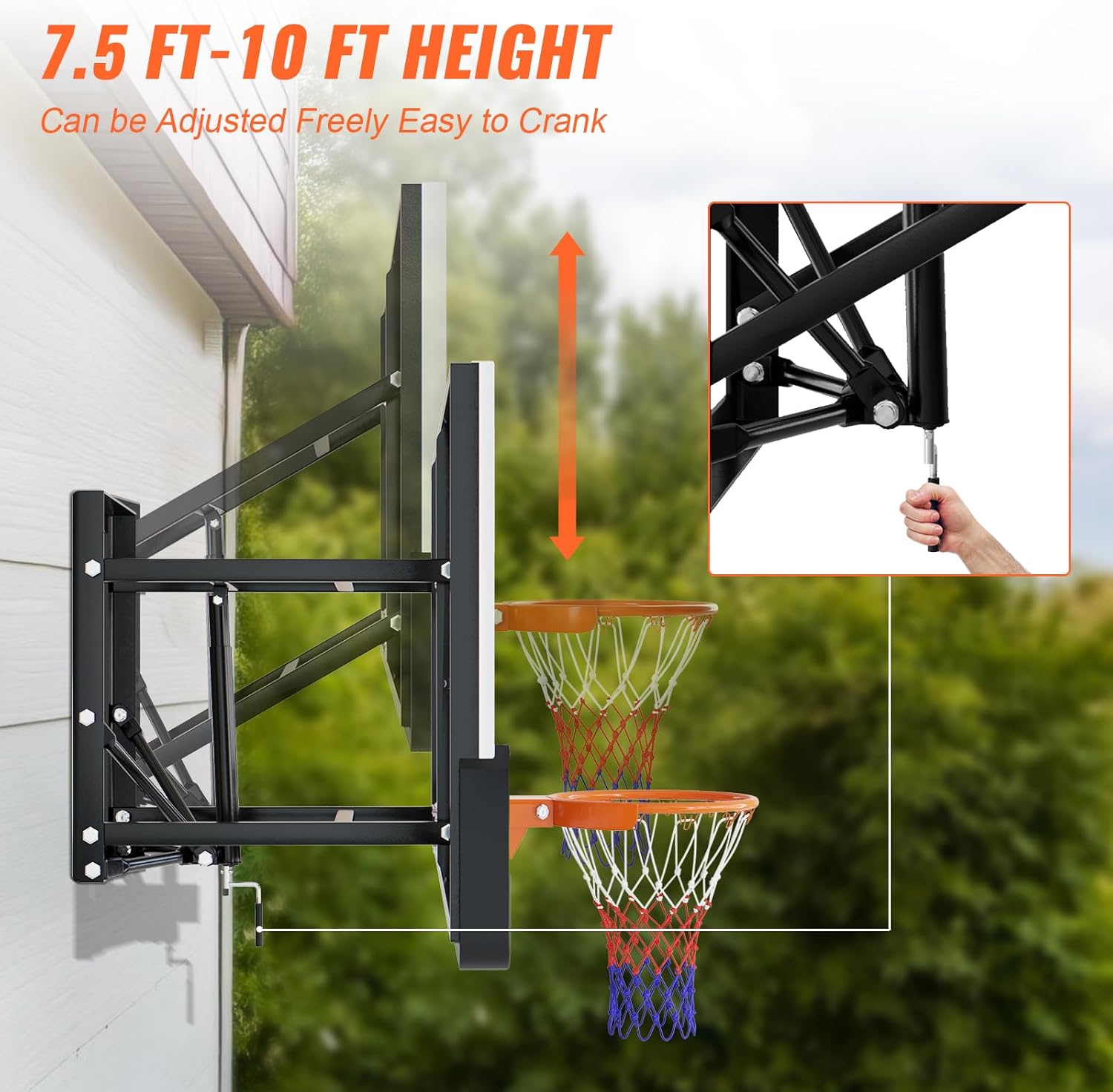 54 Inch Basketball Backboard, 8-20 FT Height Adjustable Outdoor Wall Mounted Basketball Hoop for Gyms Garages Schools