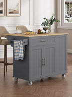Kitchen Island with Storage, 31.5" D Rolling Kitchen Cart on Wheels with Widen Drop Leaf Rubberwood Top, Large Mobile Kitchen Island with Trash Can Storage and Towel Bar, Grey