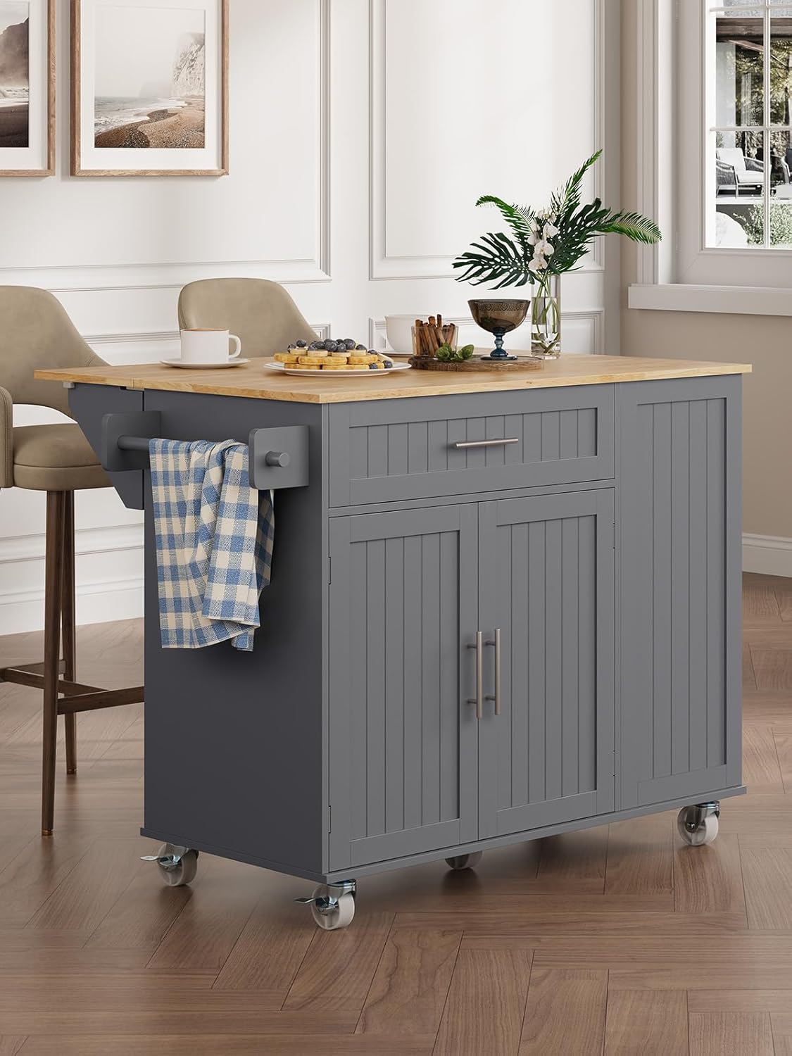 Kitchen Island with Storage, 31.5" D Rolling Kitchen Cart on Wheels with Widen Drop Leaf Rubberwood Top, Large Mobile Kitchen Island with Trash Can Storage and Towel Bar, Grey