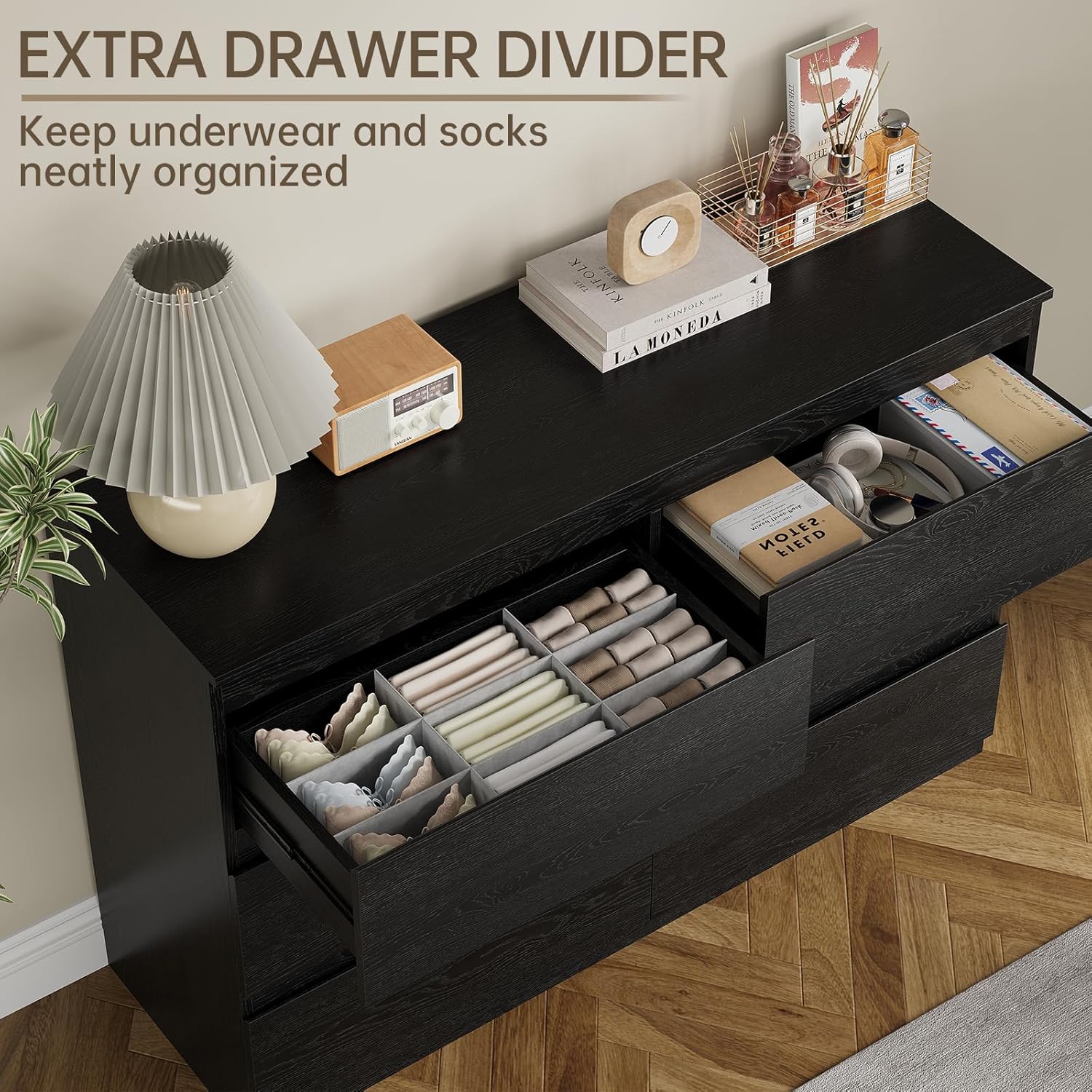 Black Wood Dresser, 6 Drawer Dressers for Clothes Storage for Bedroom, Modern Dresser with Wide Drawers, Wide Wooden Chest Drawers for Living Room|Entryway|TV Stand(47" W x15.4 Dx32.3 H)