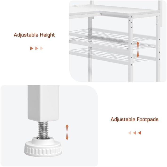 L Shaped Gaming Desk, Reversible Computer Desk with 4-Tier Shelves, Corner Desk with Pegboard, Home Office Desk with LED Lights & Power Outlets Gaming Desk with Storage, White