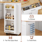 Rolling Kitchen Island with Hidden Trash Can Storage, Kitchen Island on Wheels with Storage, 3-Tier Spice Rack, Towel Rack&Drawer, Mobile Portable Island for Kitchen, White