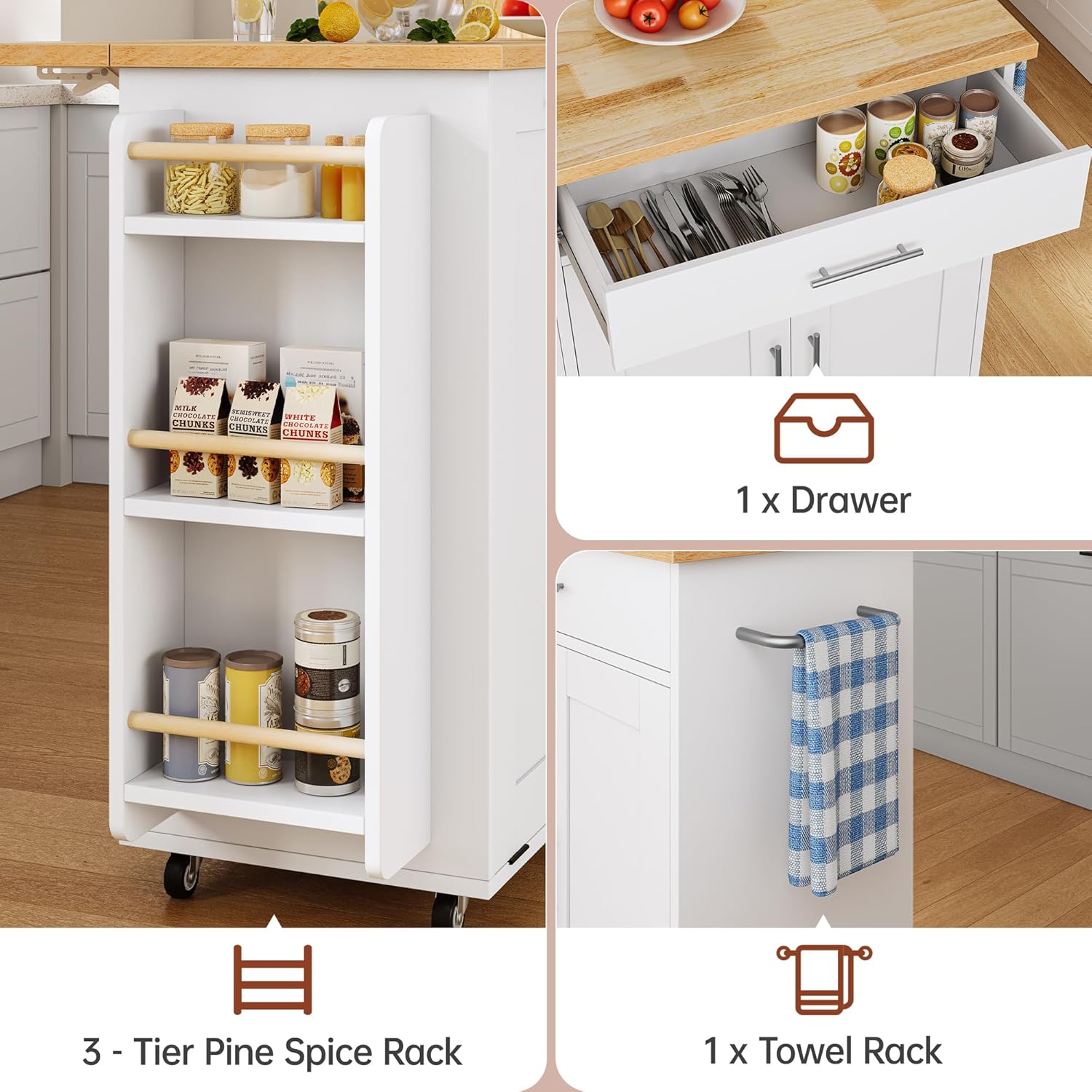 Rolling Kitchen Island with Hidden Trash Can Storage, Kitchen Island on Wheels with Storage, 3-Tier Spice Rack, Towel Rack&Drawer, Mobile Portable Island for Kitchen, White