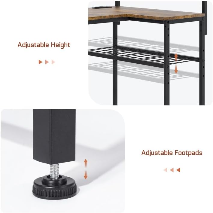 L Shaped Gaming Desk, Reversible Computer Desk with 4-Tier Shelves, Corner Desk with Pegboard, Home Office Desk with LED Lights & Power Outlets Gaming Desk with Storage, Rustic Brown