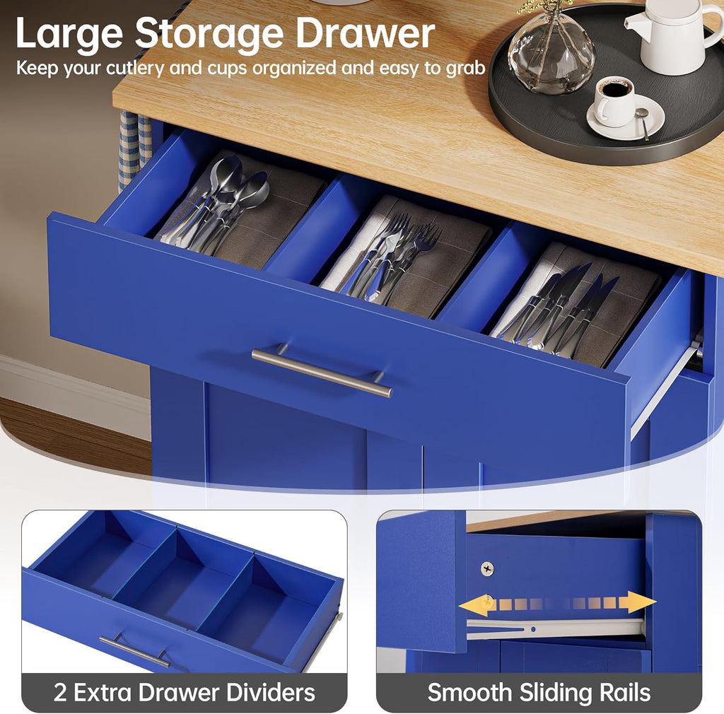Kitchen Island Cart with Storage, Small Kitchen Island on Wheels with Large Drawer, Adjustable Shelf & Towel Rack, Rolling Island Table for Kitchen & Dining Room, Blue