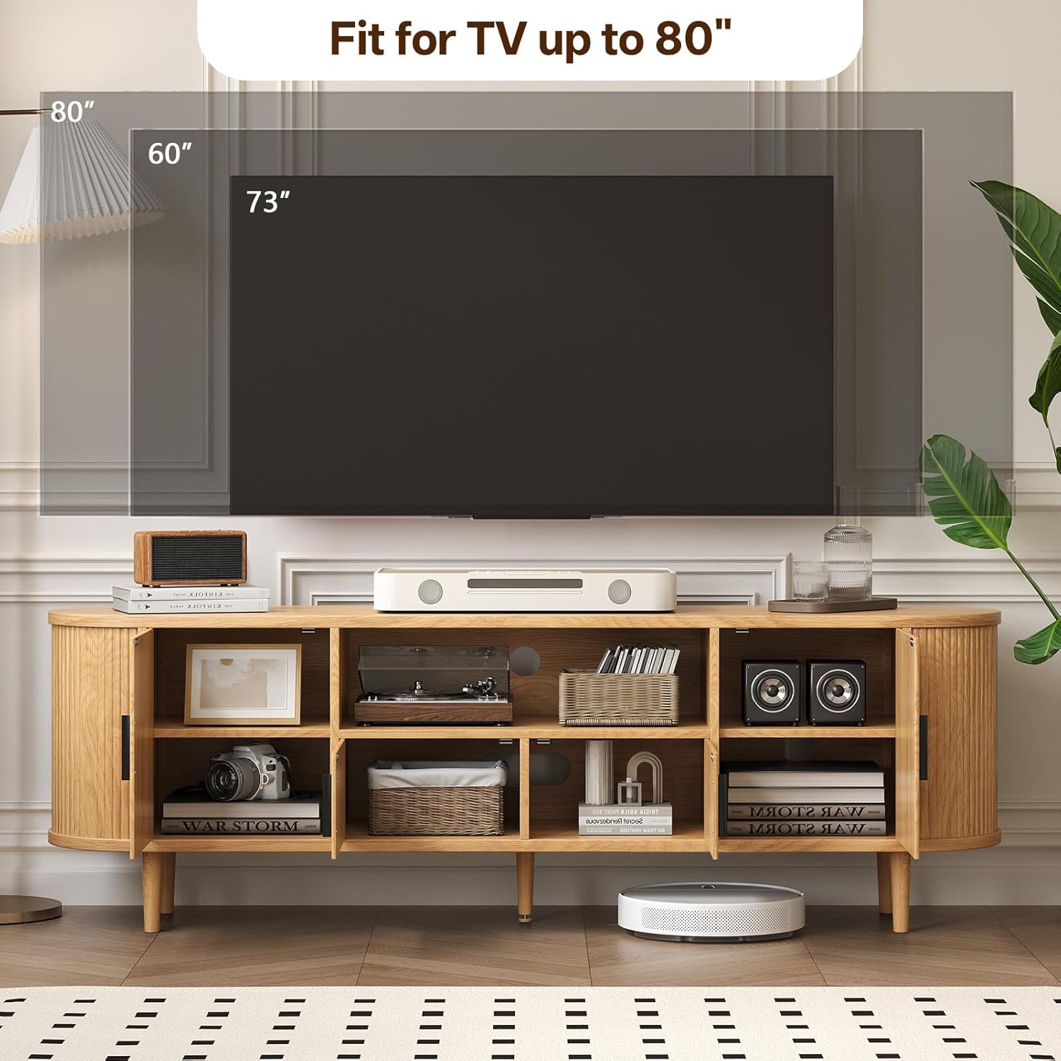 70" Fluted TV Stand, Mid Century Modern TV Stand for TVs up to 80", Entertainment Center with Storage, Adjustable Shelves, Wood Media Console for Living Room, Bedroom, Natural