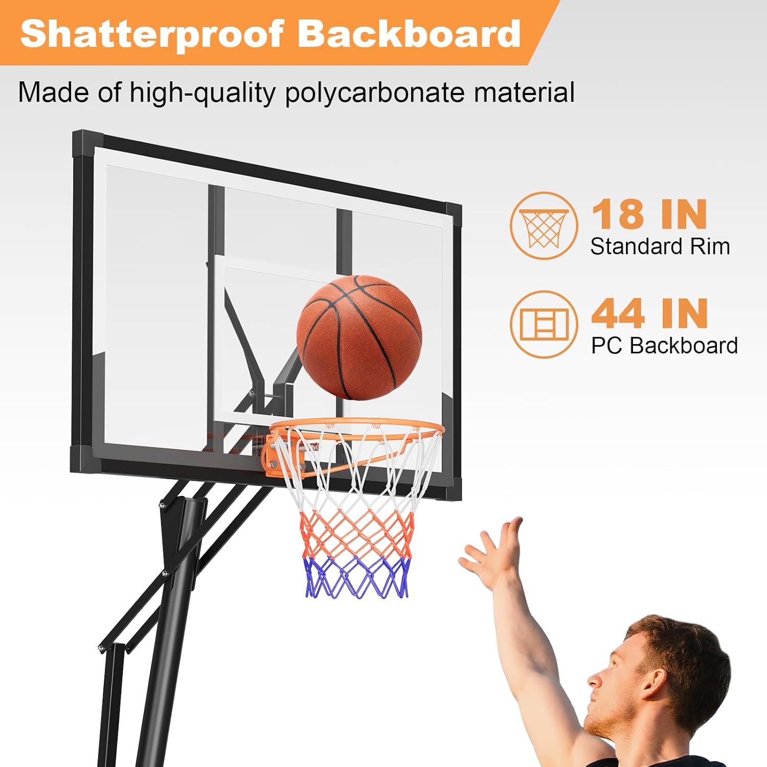 44 Inch Basketball Hoop, 5-10FT Height Adjustable Basketball Hoop Goal System with Shatterproof Backboard and Wheels, Outdoor Portable Basketball Goals for Backyard, Garage, Park (Hand Pull)
