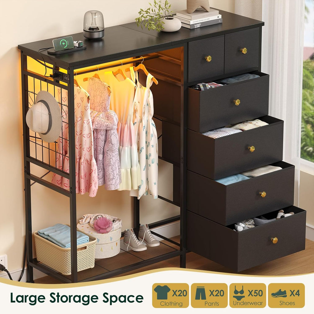 47.2" Black Dresser with Hanging Rack, 2 in 1 Bedroom 6 Drawers Dresser with LED Lights & Charging Station, Wooden Dressers with Fabric Drawers and Clothing Rack for Girls, Kids