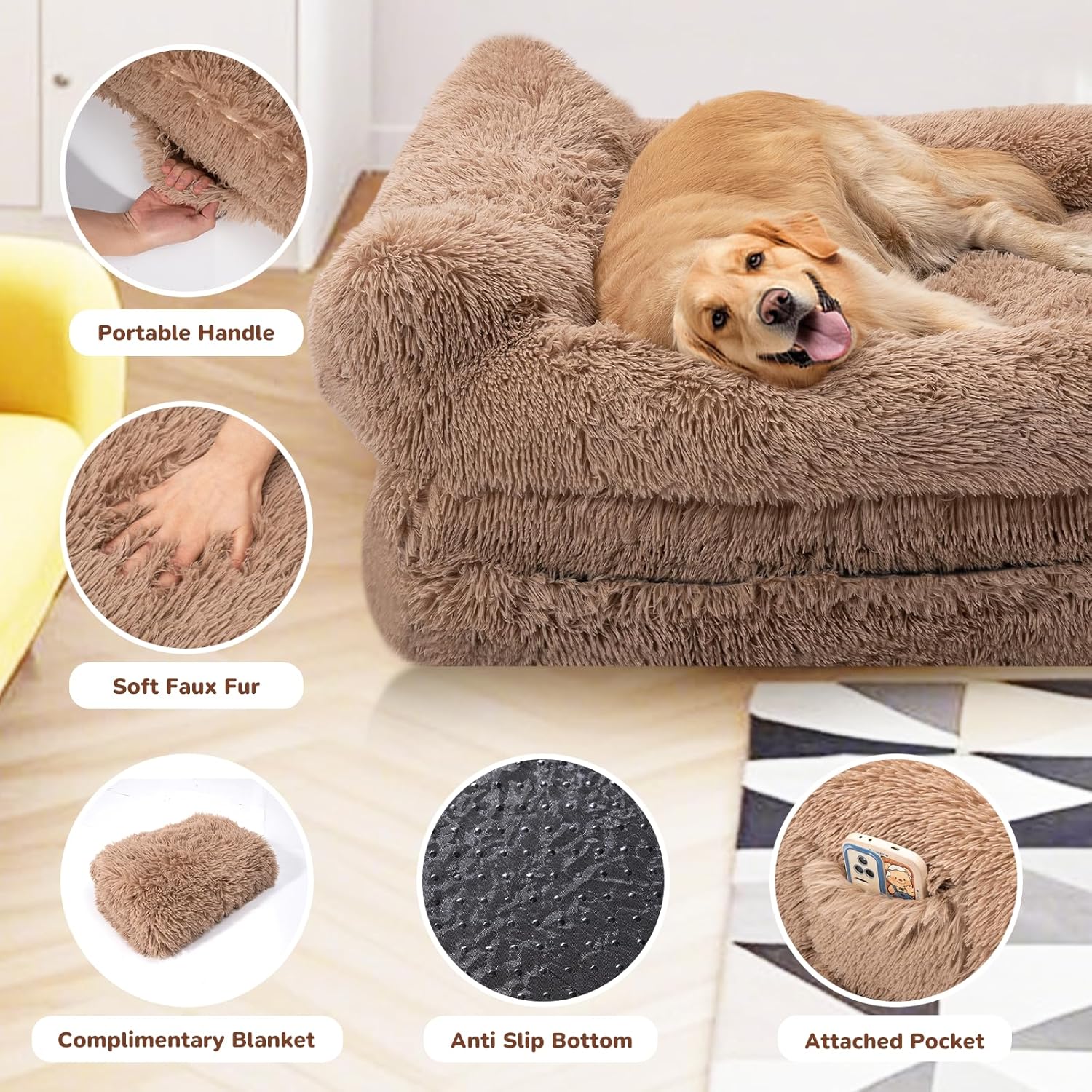 79" Foldable Human Dog Bed for Adults, Fluffy Faux Fur with Blanket, Orthopedic Washable Dog Bed with Memory Foam and Water Repellent Liner Extra Large Thick for Pet (Brown)