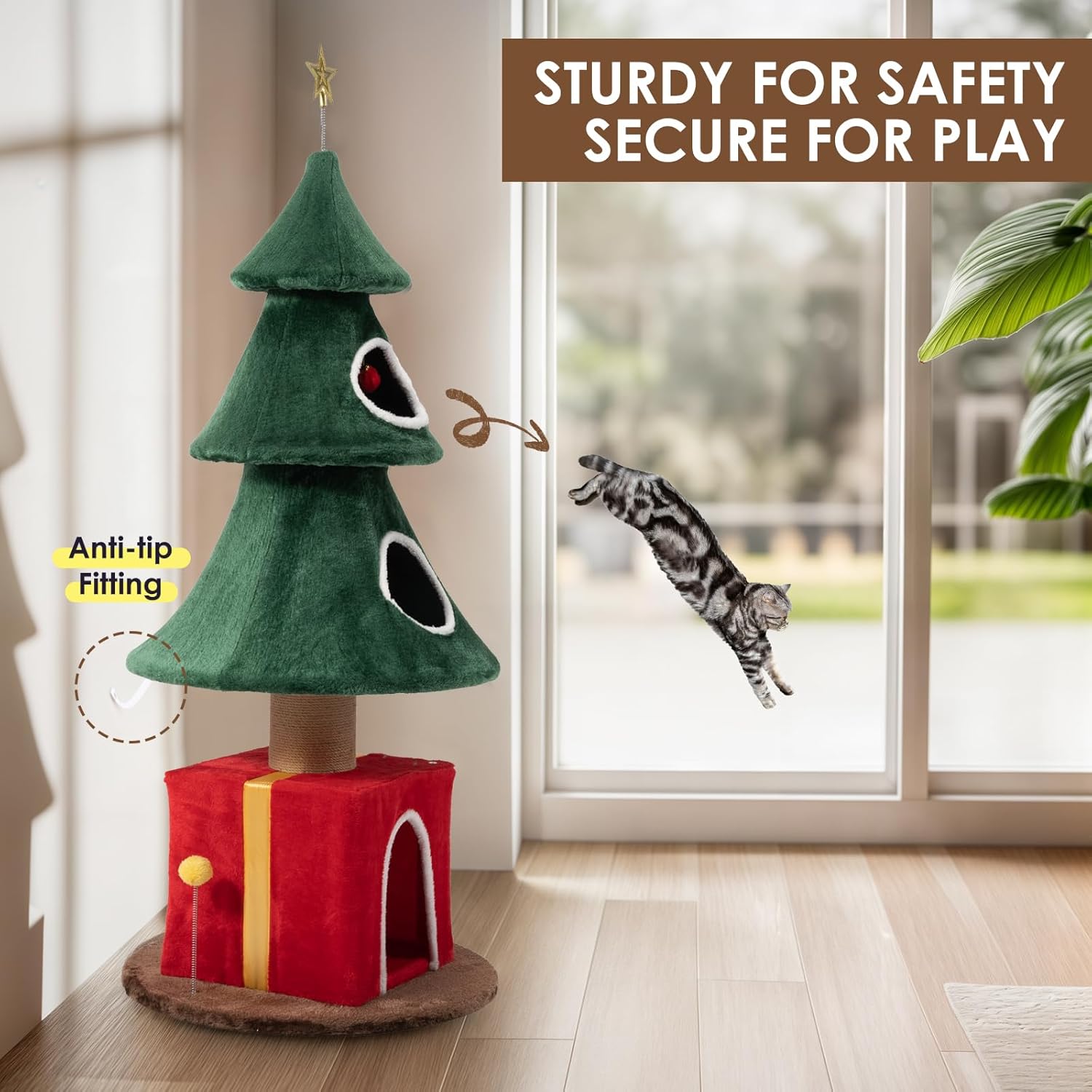 60" Christmas Cat Tree with 3 Cat Houses, Cat Furniture with Interactive Toy for Christmas Decoration (Large)