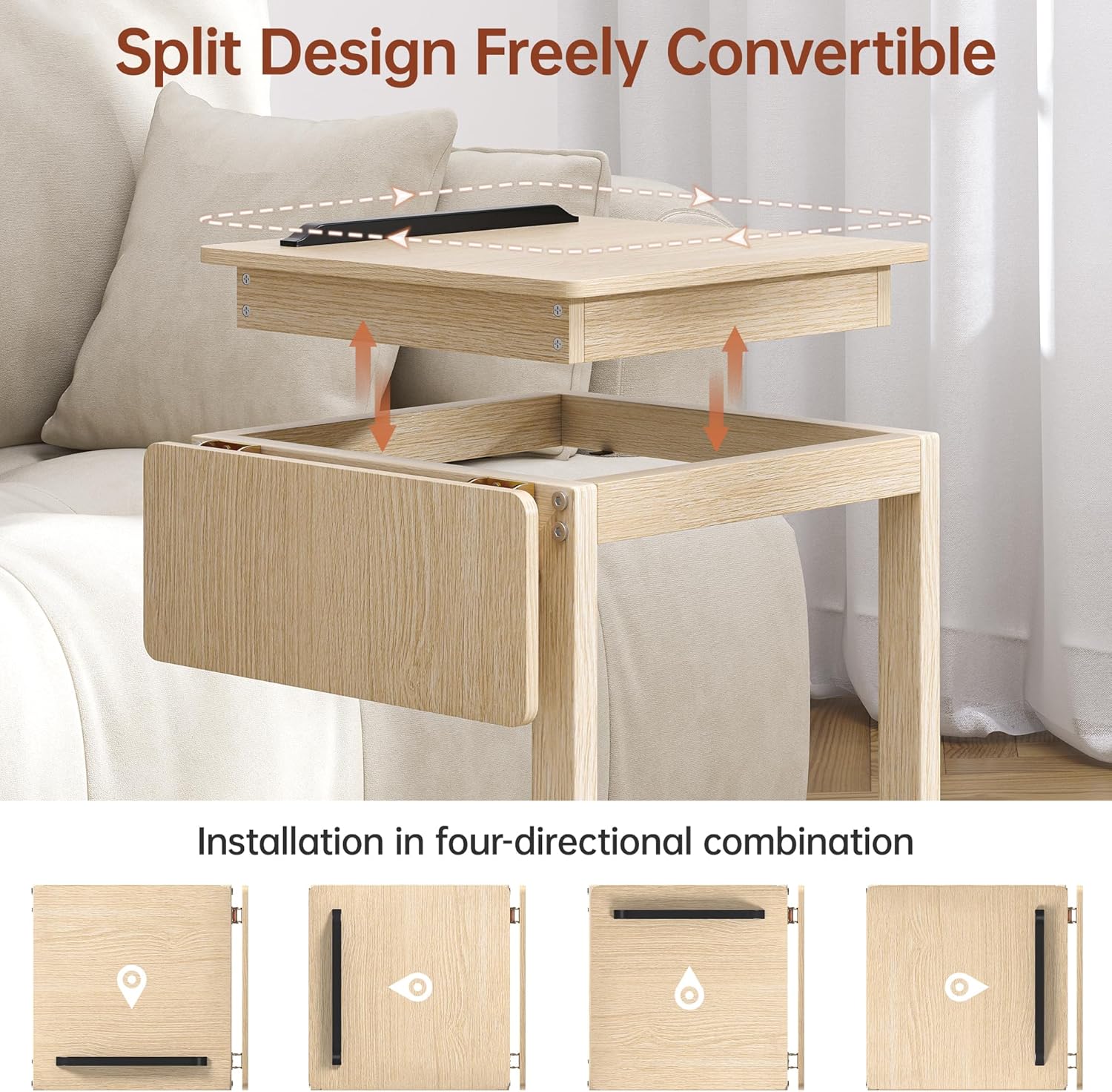 C Shaped End Table, Rolling Side Table with 4-Way Convertible Desktop, Wooden C Table with Multi-Functional Folding Tray & Small Chair, Living Room, Bedroom, White Oak