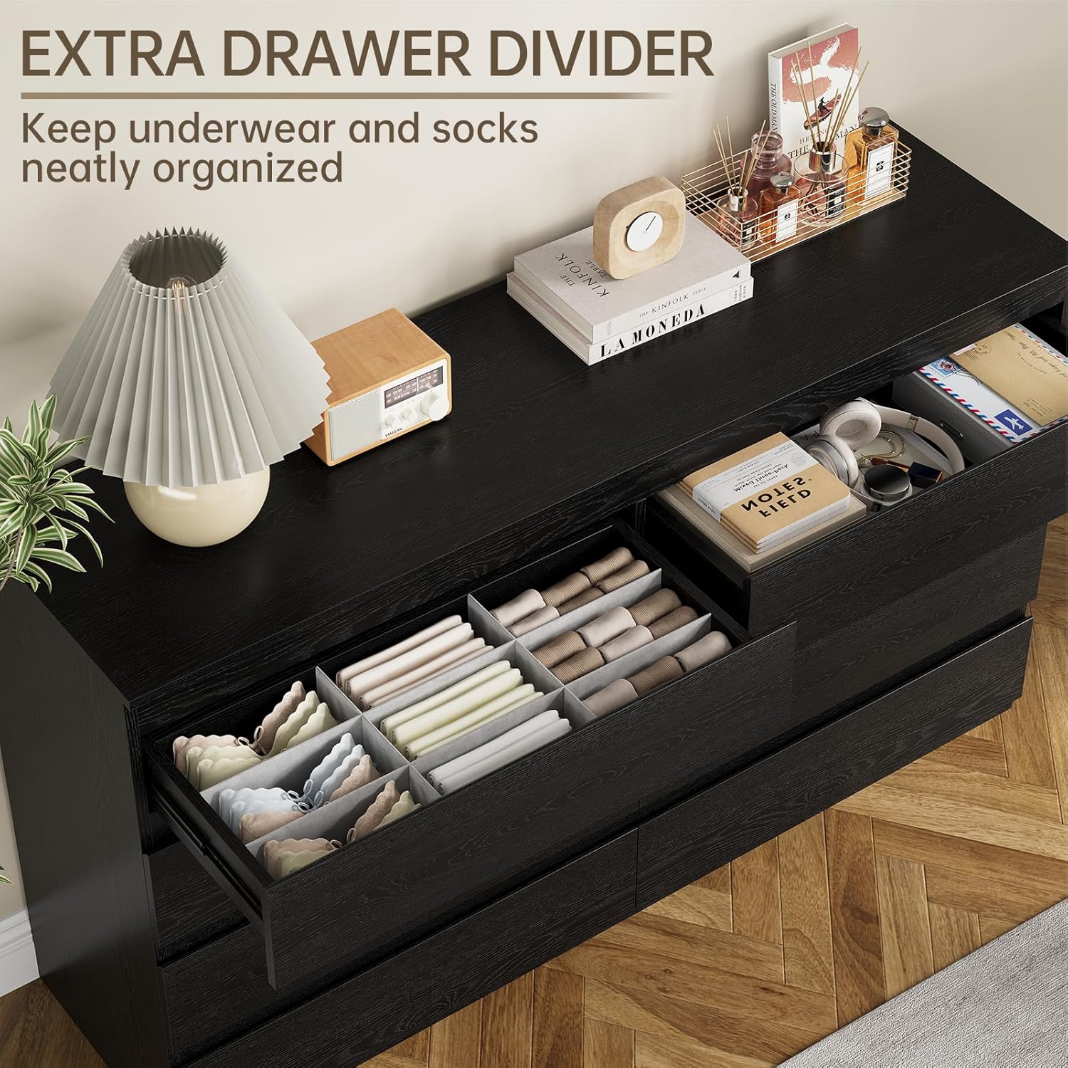 Black Wood Dresser for Bedroom, 8 Drawer Dressers for Clothes Storage, Modern Dresser with Wide Drawers, Wide Wooden Chest Drawers for Living Room|Entryway|TV Stand(55" W x15.4 Dx32.3 H)