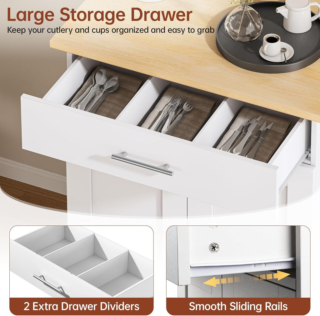 Kitchen Island Cart with Storage, Small Kitchen Island on Wheels with Large Drawer, Adjustable Shelf & Towel Rack, Rolling Island Table for Kitchen & Dining Room, White