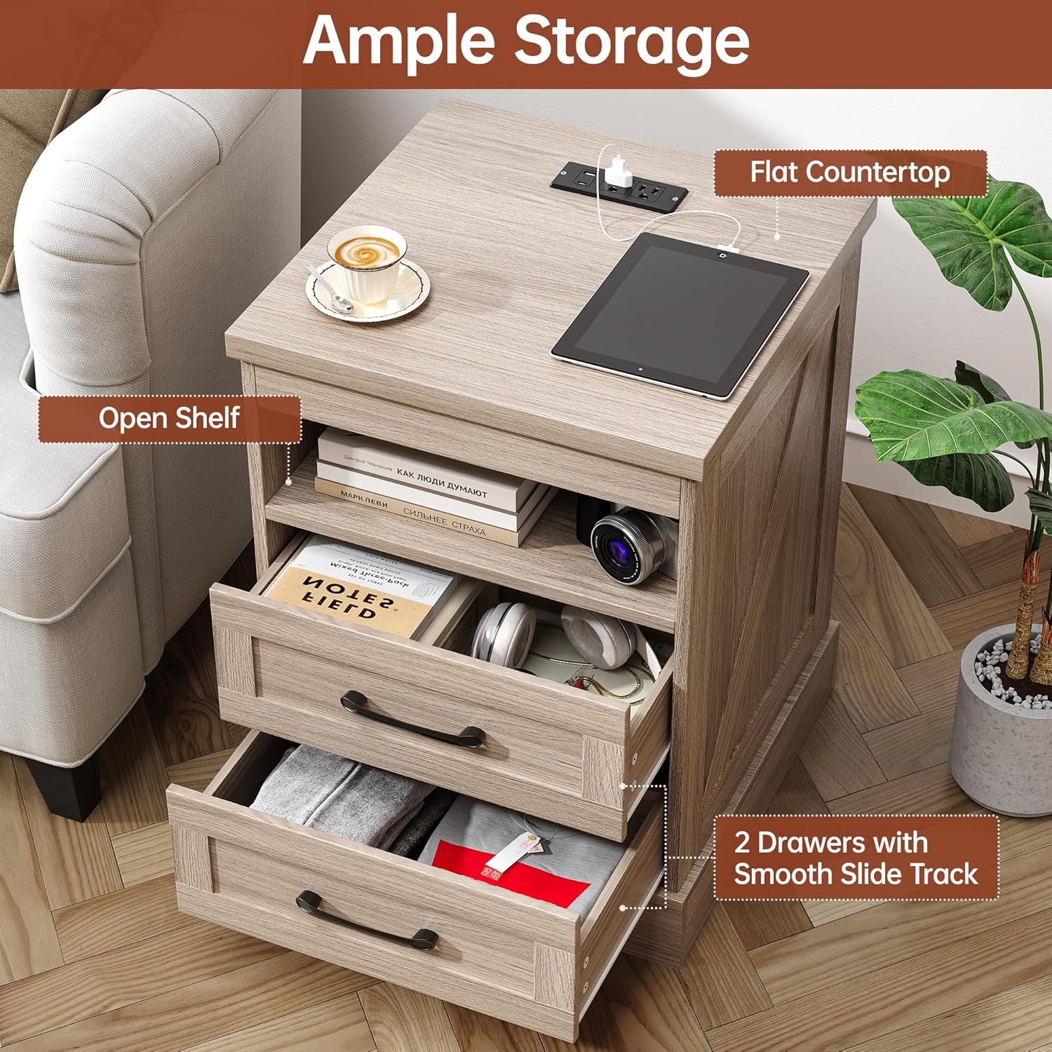 Farmhouse Nightstand with LED Lights and Built-in Power Outlets & USB Ports, Bedside Table with 2 Drawers and Open Storage Shelf, End Table for Bedroom, Grey
