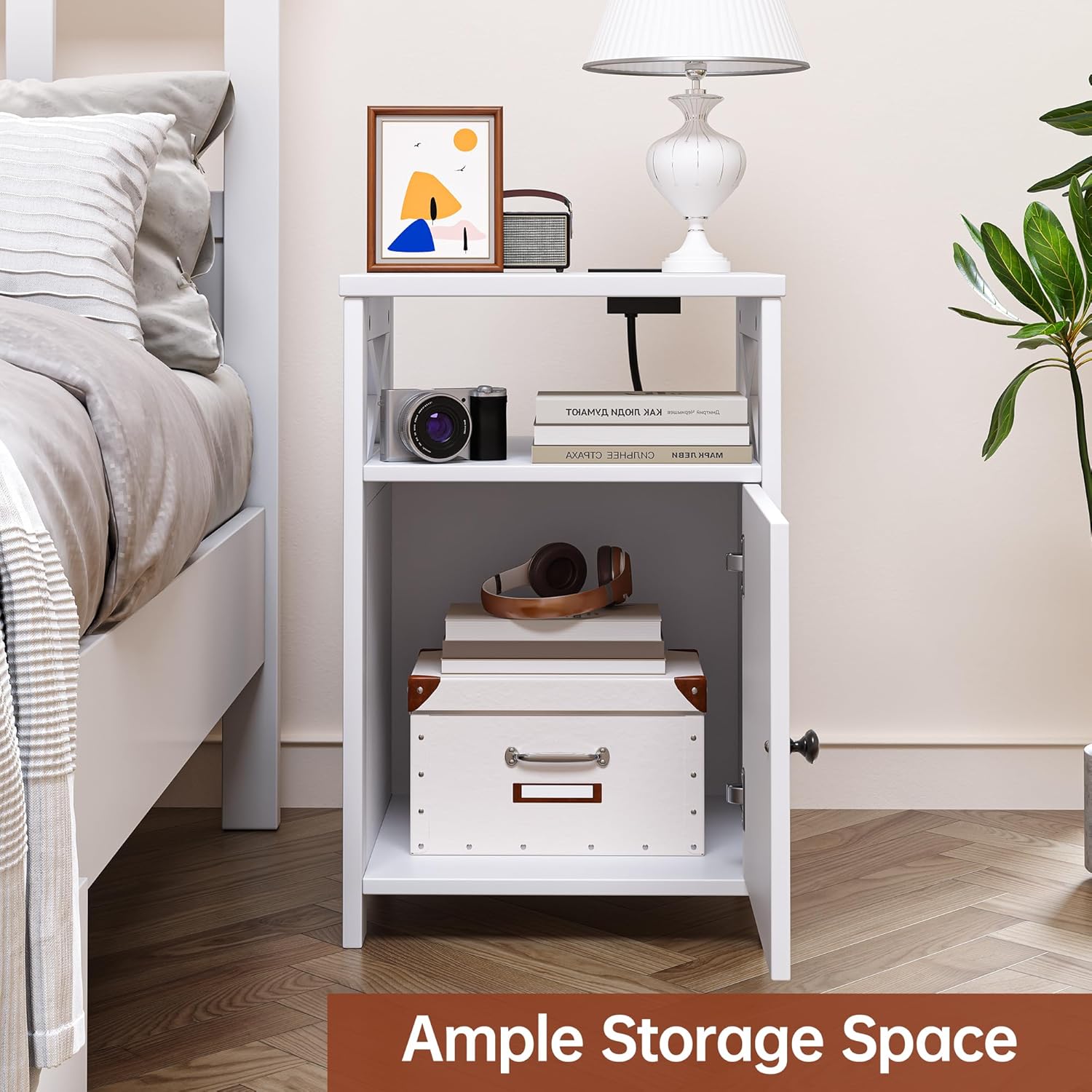 Farmhouse Nightstand with Charging Station and Barn Door, Bedside Table with Open Compartment and Storage, Side End Table for Bedroom, White