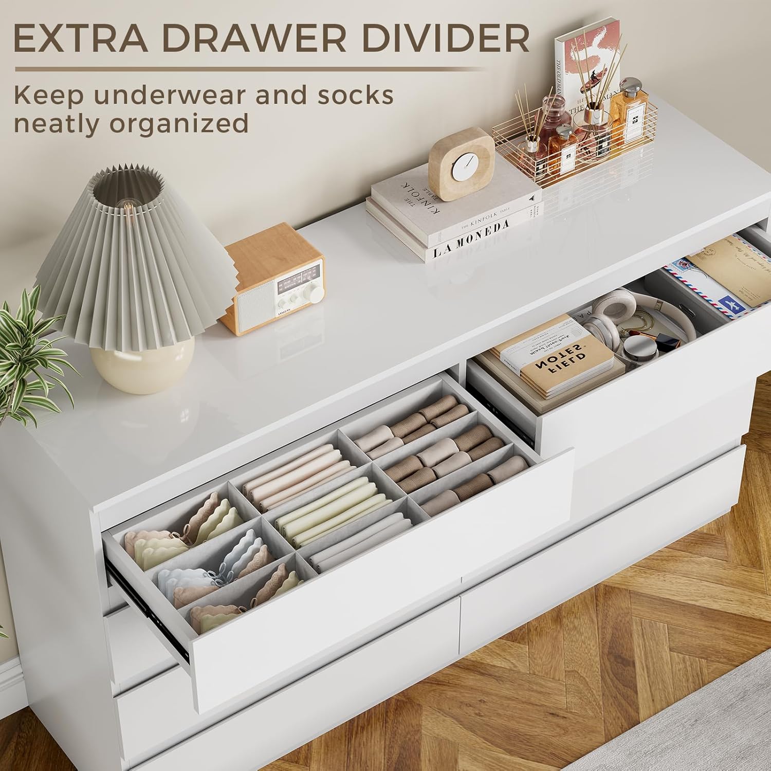 White Wood Dresser for Bedroom, 8 Drawer Dressers for Clothes Storage, Modern Dresser with Wide Drawers, Wide Wooden Chest Drawers for Living Room, Entryway, TV Stand(55" W x15.4 Dx32.3 H)