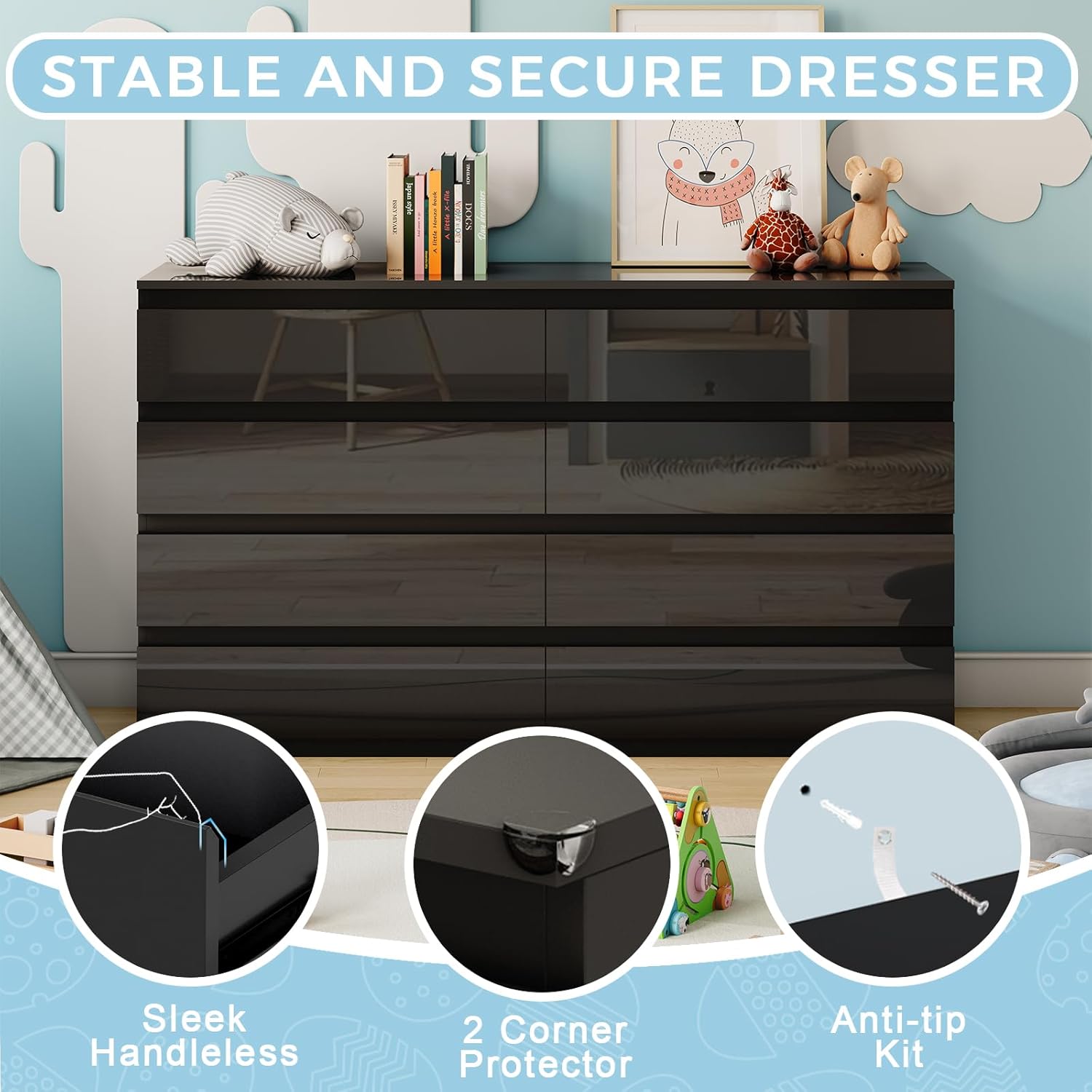 Black Wood Dresser for Bedroom, 8 Drawer Dressers for Clothes Storage, Modern Dresser with Wide Drawers, Wide Wooden Chest Drawers for Living Room, Entryway, TV Stand(55" W x15.4 Dx32.3 H)