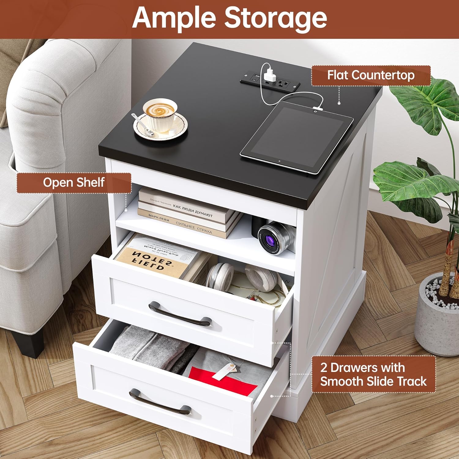 Farmhouse Nightstand with LED Lights and Built-in Power Outlets & USB Ports, Bedside Table with 2 Drawers and Open Storage Shelf, End Table for Bedroom, White