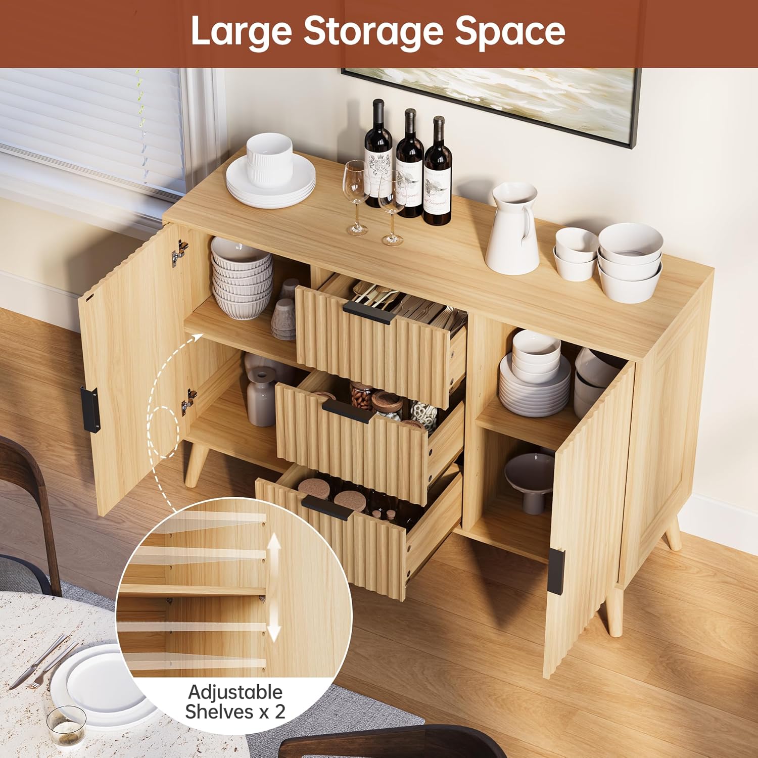 47" Natural Sideboard Buffet Cabinet with 3 Drawers, Fluted Modern Buffet Cabinet with Storage, 2 Doors Sideboard Cabinets Accent Credenza for Dining Room|Living Room|Entryway