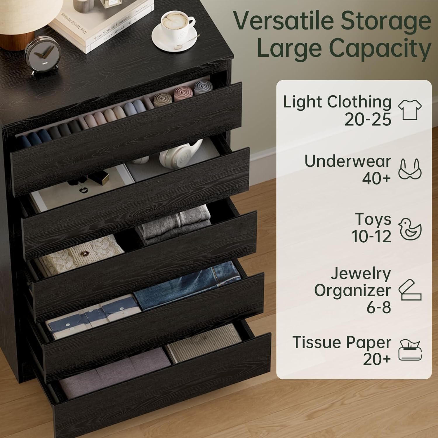 Black Wood Dresser for Bedroom, 5 Drawer for Clothes Storage, Modern Dresser with Wide Drawers, Wide Wooden Chest Drawers for Living Room, Entryway, TV Stand