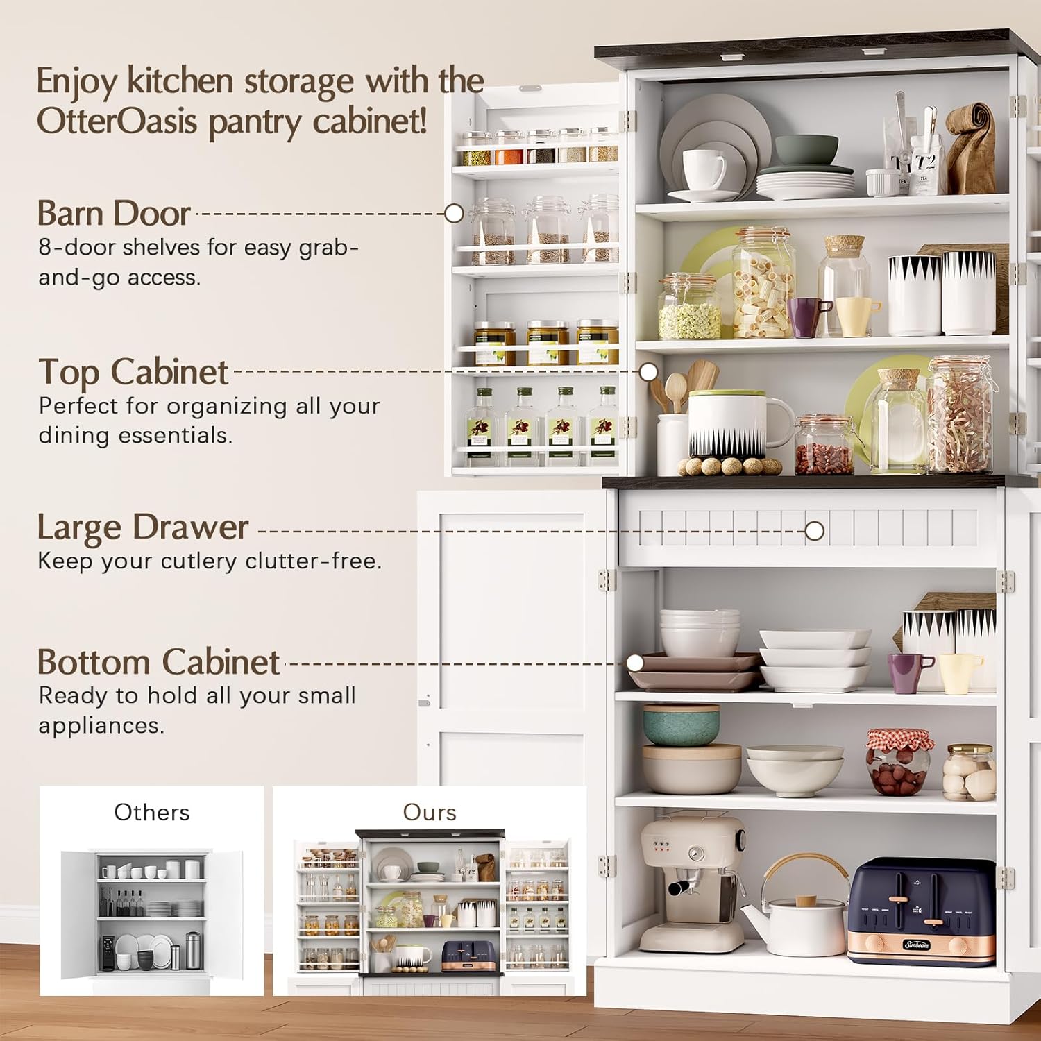 72" Tall Pantry Cabinet, 31.5" W Larger Farmhouse Kitchen Pantry Cabinet with Barn Doors, Hidden Drawer and 4 Shelves, Wood Versatile Storage Cabinet for Kitchen, Dining Room, Living Room