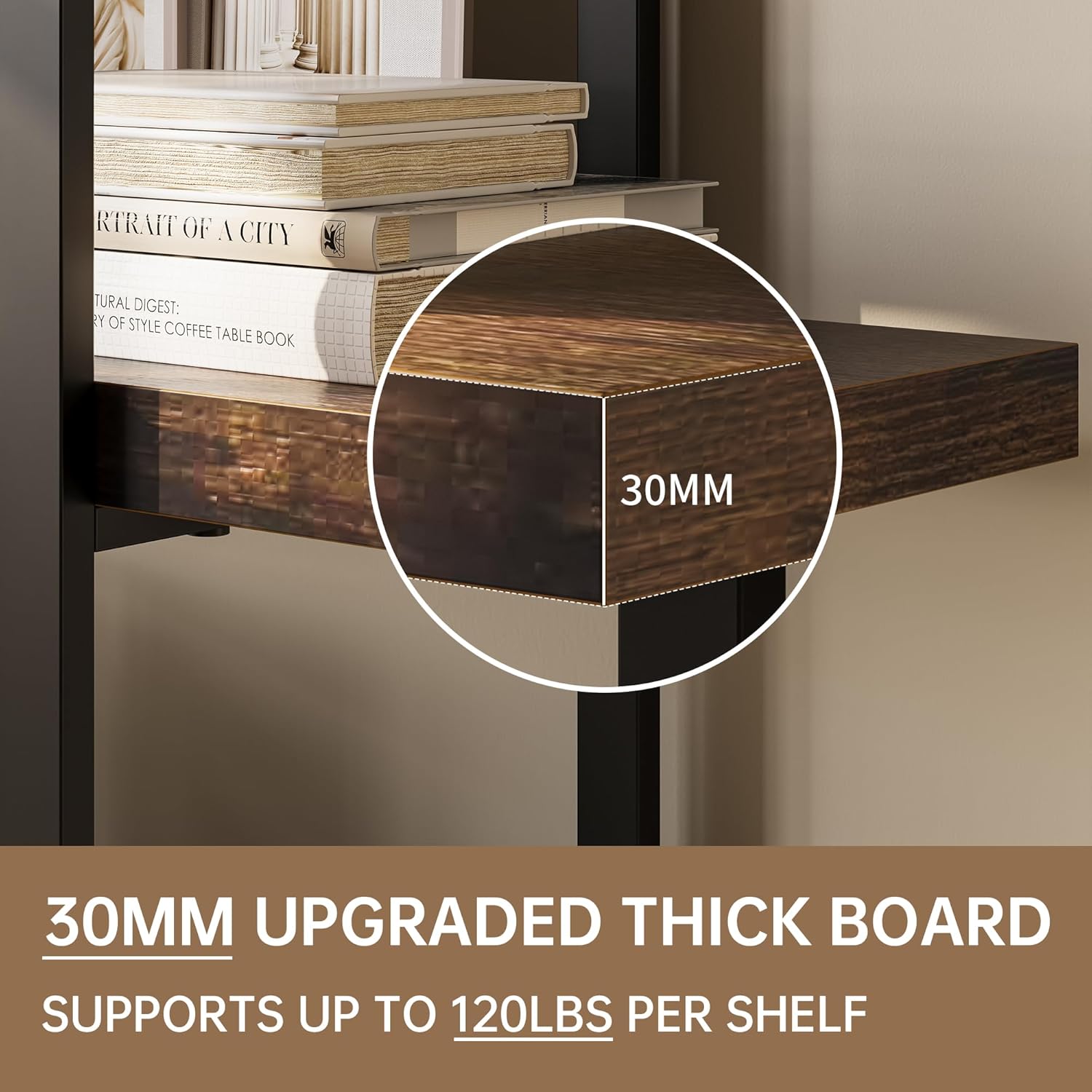 Heavy Duty 3-Tier Industrial Bookcase, 39" Wide Wood Bookshelf for Home Office, 120lbs Shelf Capacity, Rustic Open Shelving Display with Reinforced Horizontal Shelf for Living Room Bedroom