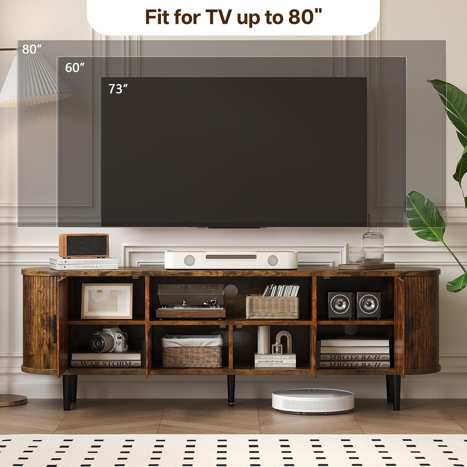 70" Fluted TV Stand, Mid Century Modern TV Stand for TVs up to 80", Entertainment Center with Storage, Adjustable Shelves, Wood Media Console for Living Room, Bedroom,Rustic Brown