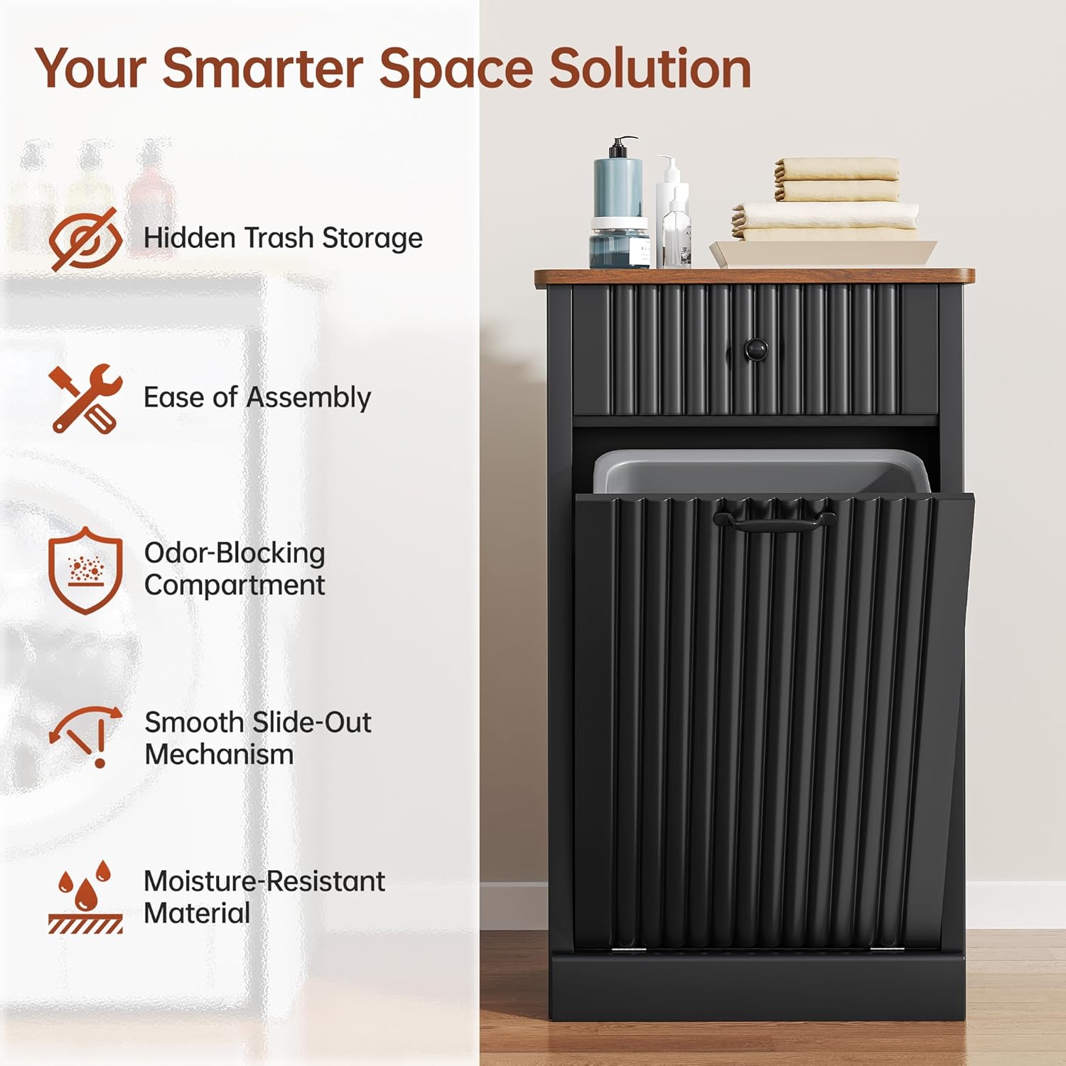 Tilt Out Trash Can Cabinet 10 Gallon, Wooden Laundry Hamper with Hideaway Drawer, Recycling Trash Can Storage for Kitchen Laundry Living Room (Black, 10 Gallon)