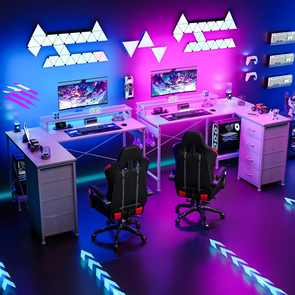 L Shaped Gaming Desk with 4 Drawers, 51" Reversible Computer Desk with Monitor Stand, Home Office Table with USB Port&LED Lights, L Shape Corner Office Desk with Open Shelves&Hooks, White
