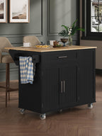 Kitchen Island with Storage, 31.5" D Rolling Kitchen Cart on Wheels with Widen Drop Leaf Rubberwood Top, Large Mobile Kitchen Island with Trash Can Storage and Towel Bar, Black