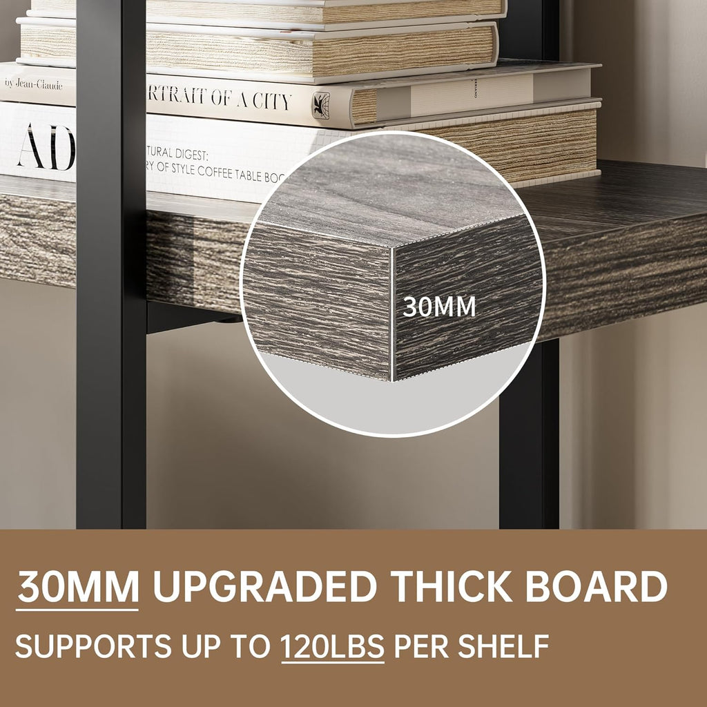 Heavy Duty 6-Tier Industrial Bookcase, 47" Wide Wood Bookshelf for Home Office, 120lbs Shelf Capacity, Rustic Open Shelving Display with Reinforced Horizontal Shelf for Living Room Bedroom, Grey