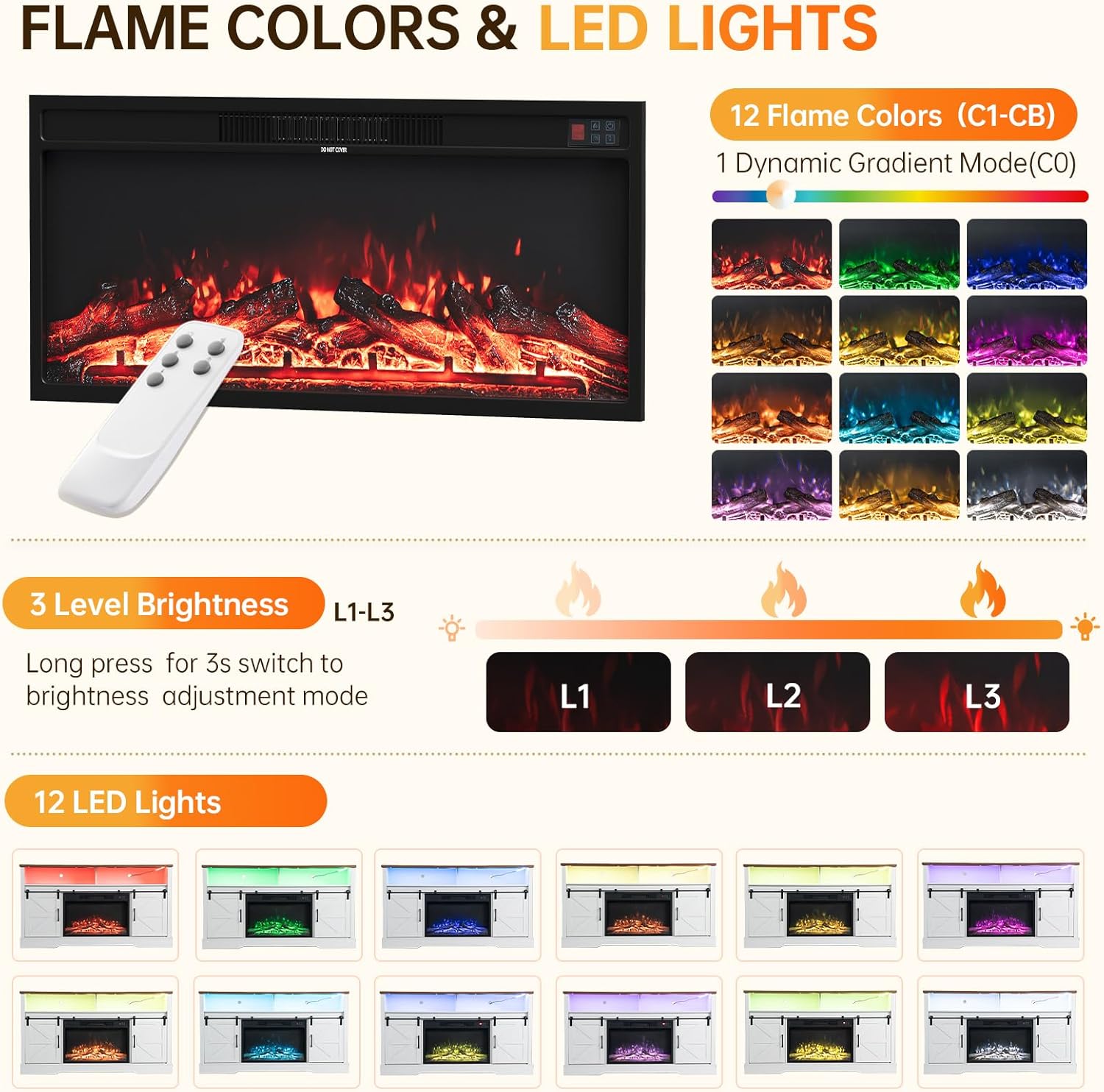 70 inch Fireplace TV Stand for Living Room, Electric Fireplace TV Stand with 12 Colors of 3D Flame & Heating, Entertainment Center with Storage Cabinet (Brown, Rustic Sliding)