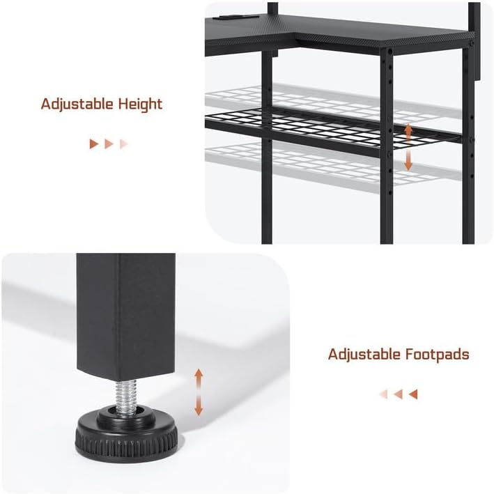 L Shaped Gaming Desk, Reversible Computer Desk with 4-Tier Shelves, Corner Desk with Pegboard, Home Office Desk with LED Lights & Power Outlets Gaming Desk with Storage, Carbon Fiber Black