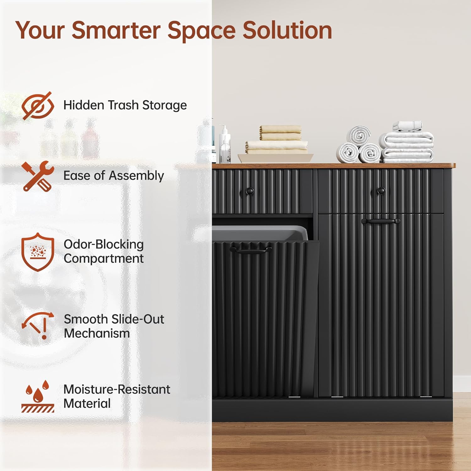 Double Tilt Out Trash Can Cabinet 20 Gallon Large Wooden, Free Standing Laundry Sorter with 2 Hideaway Drawer, 2 Doors Recycling Trash Can Storage for Kitchen Laundry (Black, 20 Gallon)