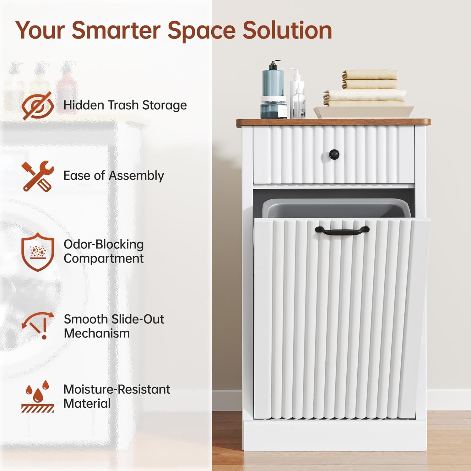 Tilt Out Trash Can Cabinet 10 Gallon, Wooden Laundry Hamper with Hideaway Drawer, Recycling Trash Can Storage for Kitchen Laundry Living Room (White, 10 Gallon)