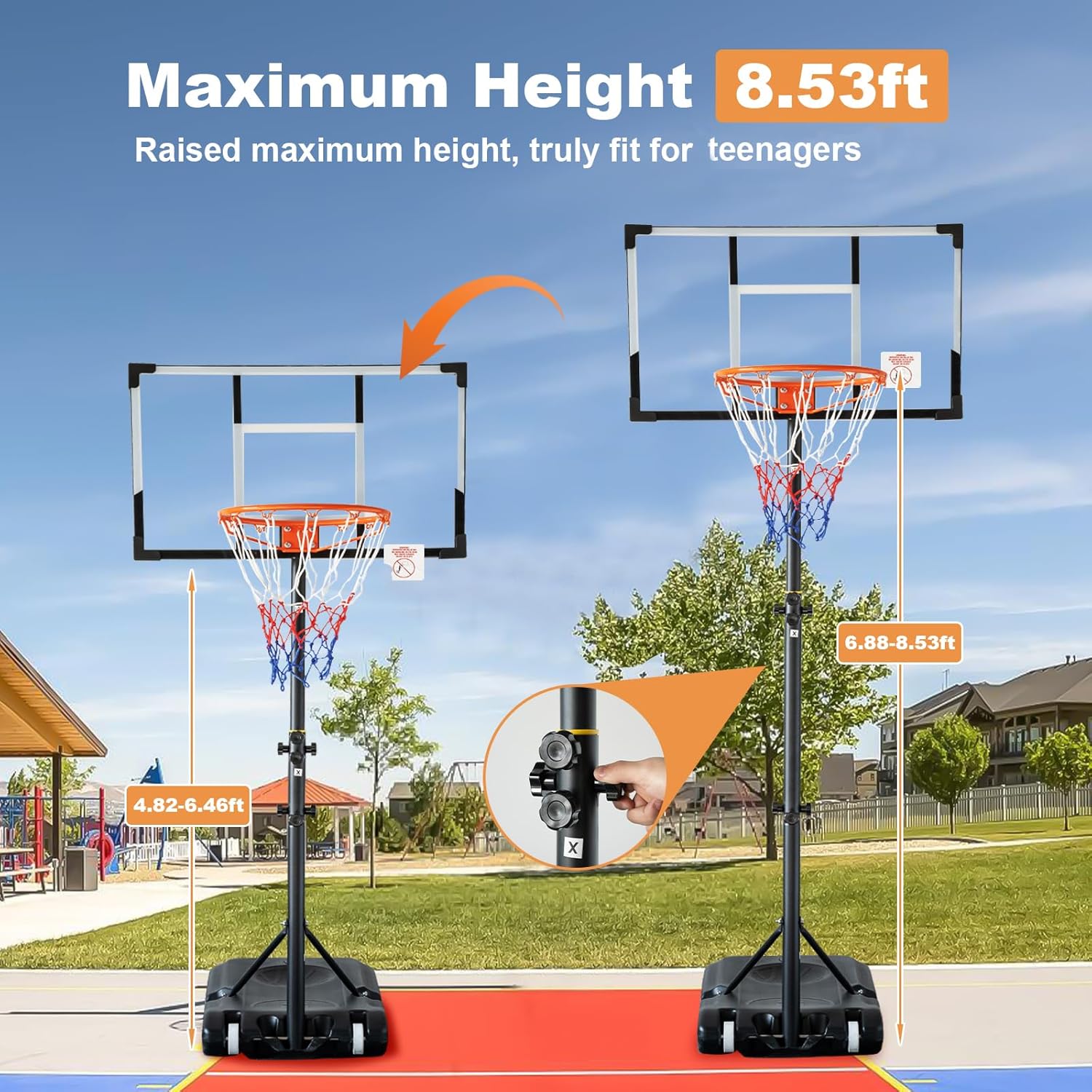 33 in Portable Basketball Hoop Outdoor, 5-10FT Adjustable Basketball Goals with Enlarged Base and PC Backboard, Basketball Hoops System for Backyard, Park