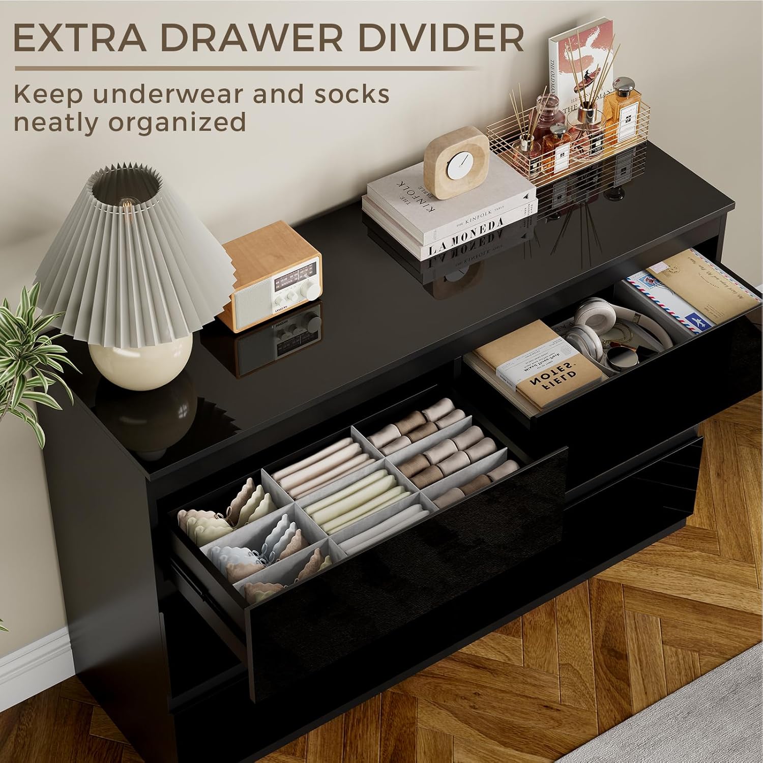 Black Wood Dresser for Bedroom, 6 Drawer Dressers for Clothes Storage, Modern Dresser with Wide Drawers, Wide Wooden Chest Drawers for Living Room, Entryway, TV Stand(47" W x15.4 Dx32.3 H)
