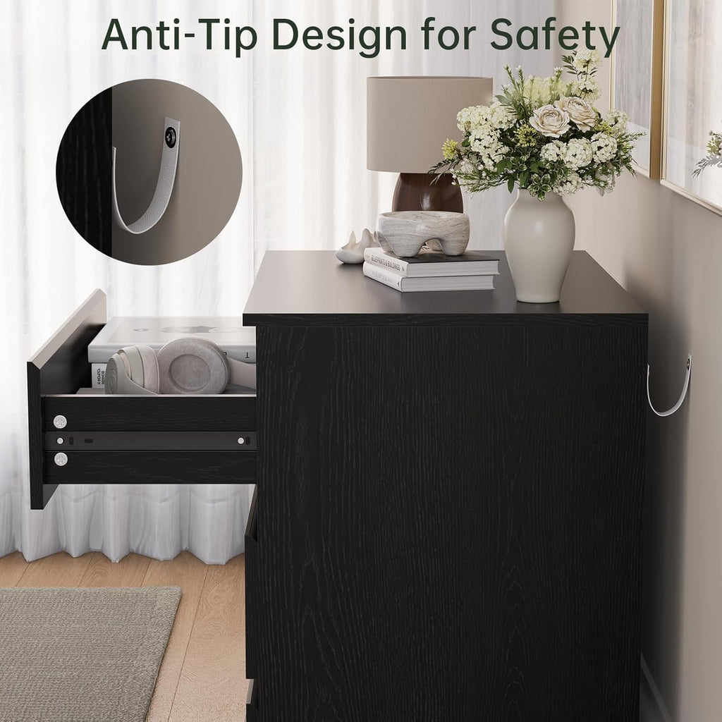 Black Wood Dresser for Bedroom, 3-Drawer Dresser for Clothes Storage, Modern Dressers with Wide Drawers, Wide Wooden Chest Drawers for Living Room, Entryway, TV Stand