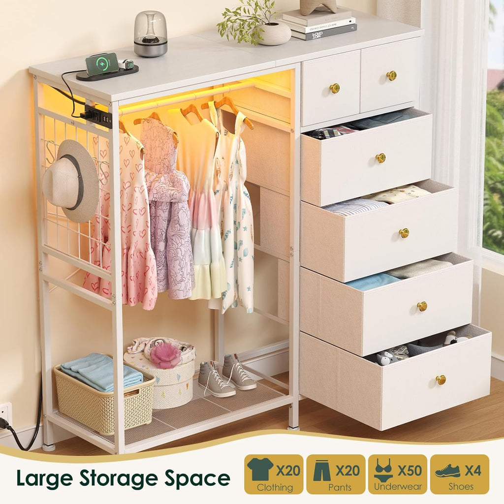 47.2" White Dresser with Hanging Rack, 2 in 1 Bedroom 6 Drawers Dresser with LED Lights & Charging Station, Wooden Dressers with Fabric Drawers and Clothing Rack for Girls, Kids