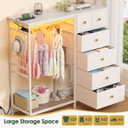47.2" White Dresser with Hanging Rack, 2 in 1 Bedroom 6 Drawers Dresser with LED Lights & Charging Station, Wooden Dressers with Fabric Drawers and Clothing Rack for Girls, Kids